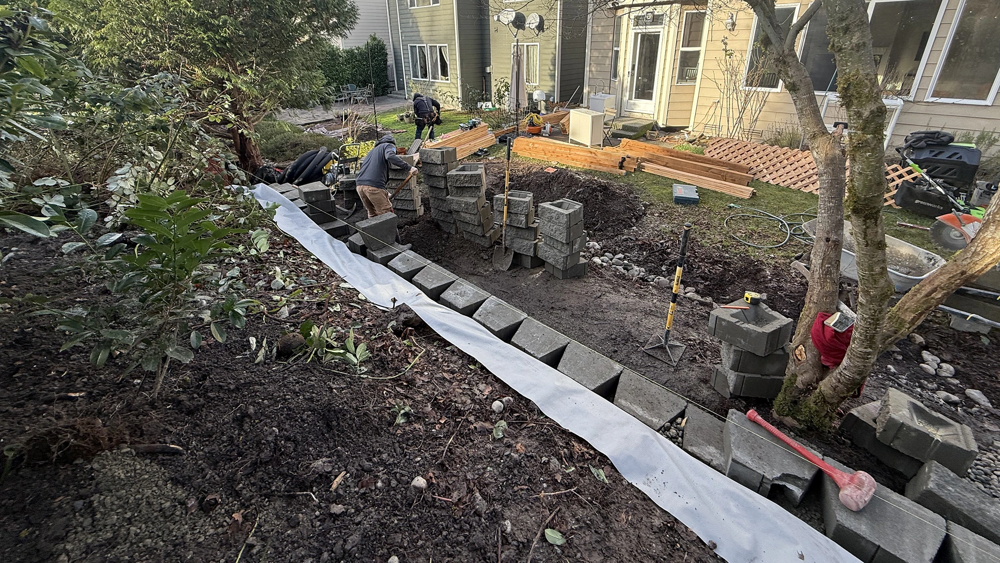 Backyard fence and hardscape work in progress in Sammamish, WA