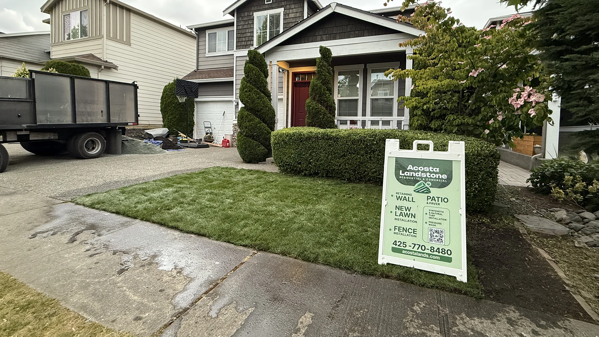 New sod lawn installed in the front yard of a Mill Creek, WA home