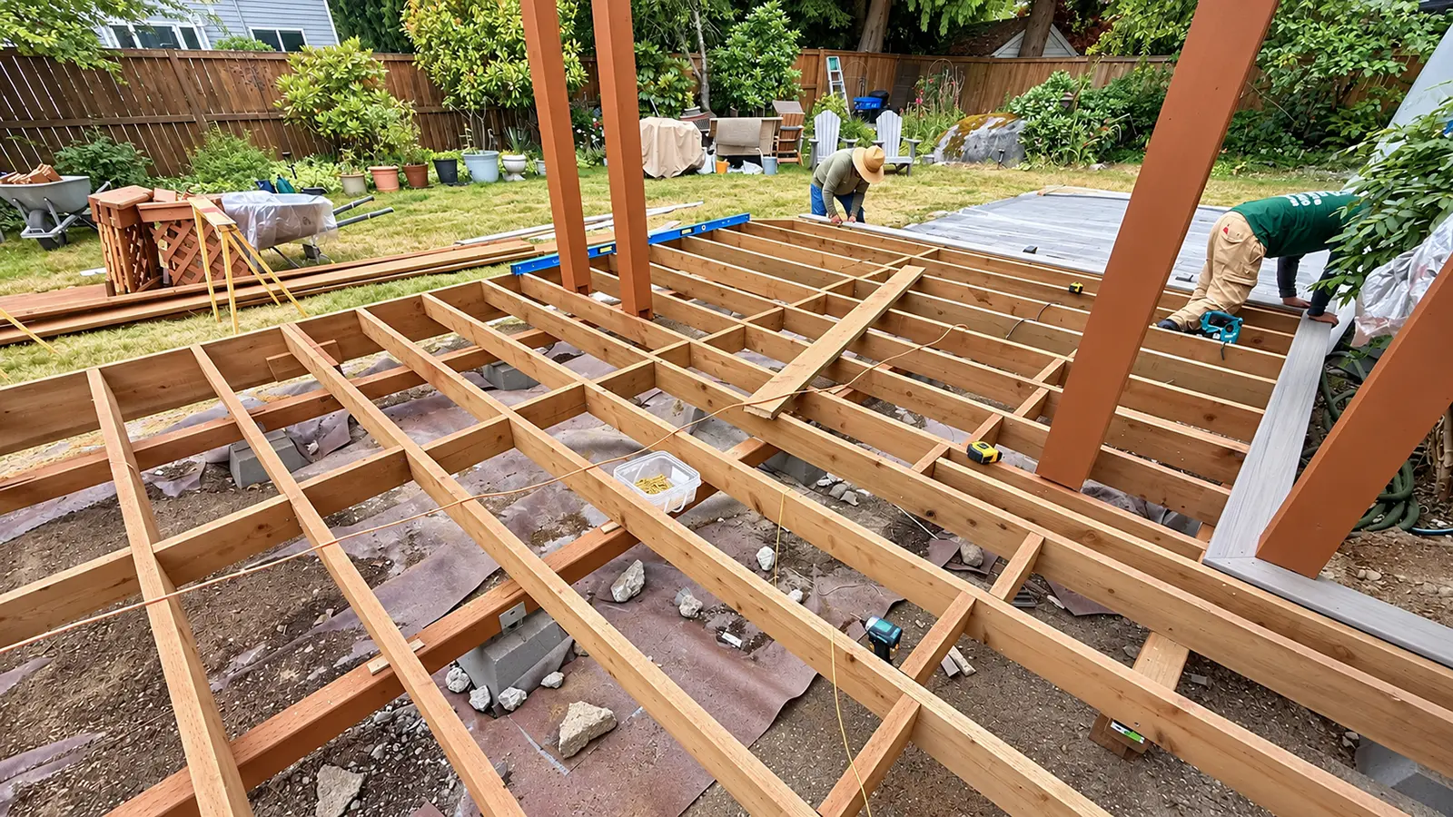Deck joists and blocking installed over landscape fabric in Duvall, WA