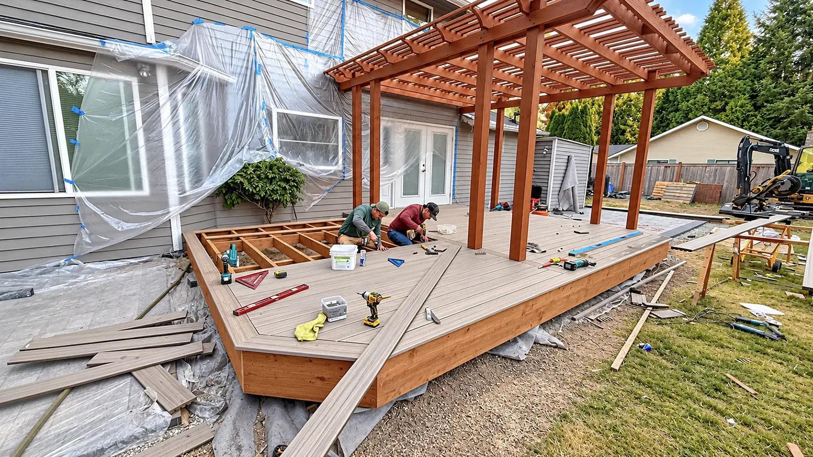Crew installing composite deck boards with a picture-frame border in Duvall, WA