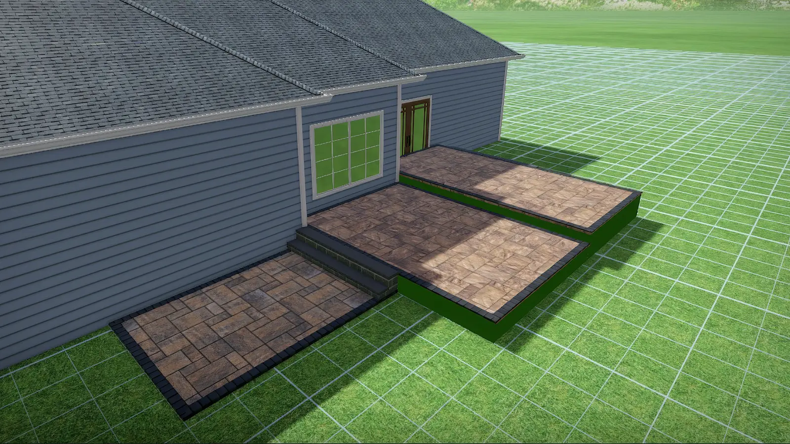 3D hardscape design of a multi-level paver patio with steps for a home in Bothell, WA