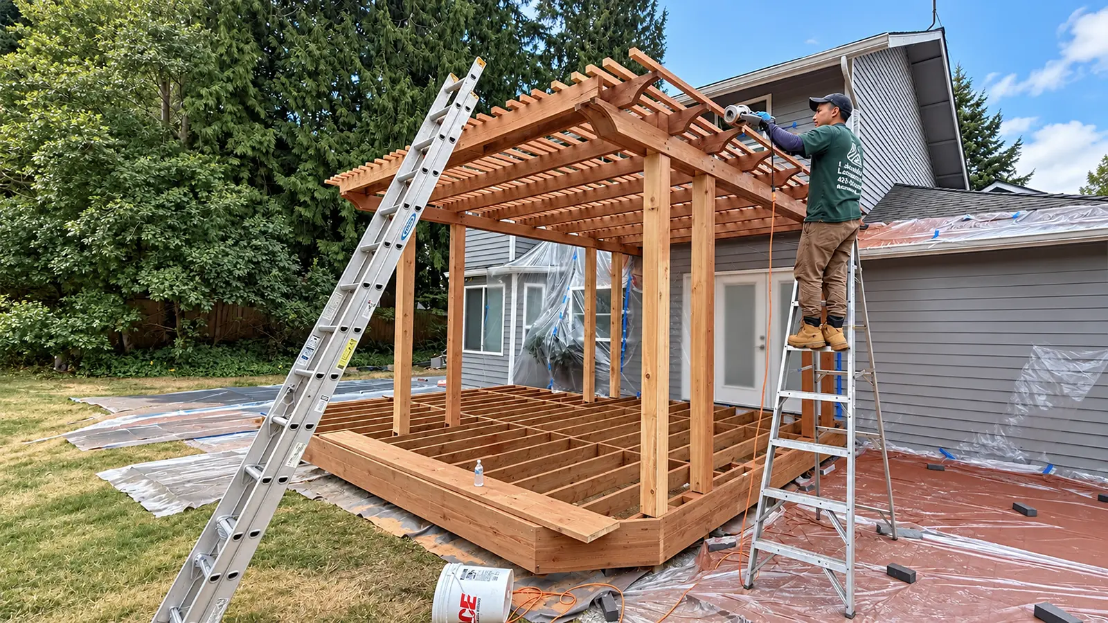 Finishing the custom wood pergola with the house protected in Duvall, WA