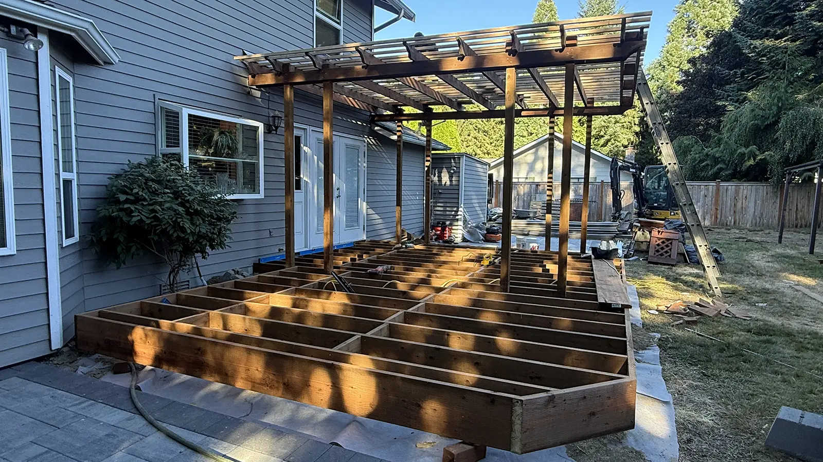 Deck framing and new wood pergola under construction in Duvall, WA