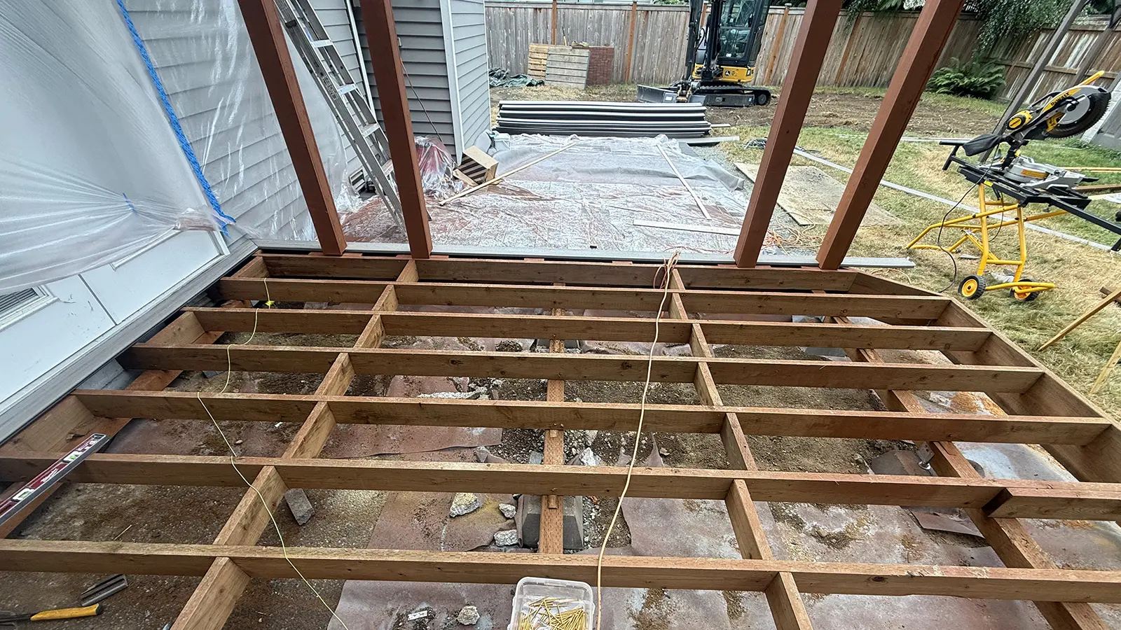 Level deck joist framing detail during deck installation in Duvall, WA