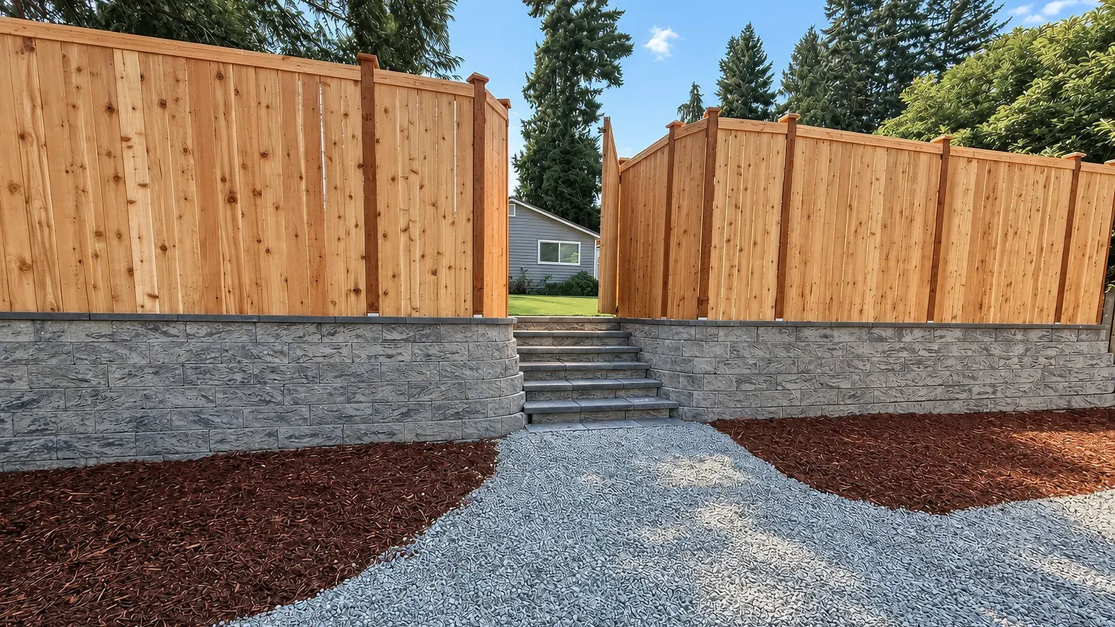 Finished concrete block retaining wall with block stairs, mulch and gravel in Seattle, WA