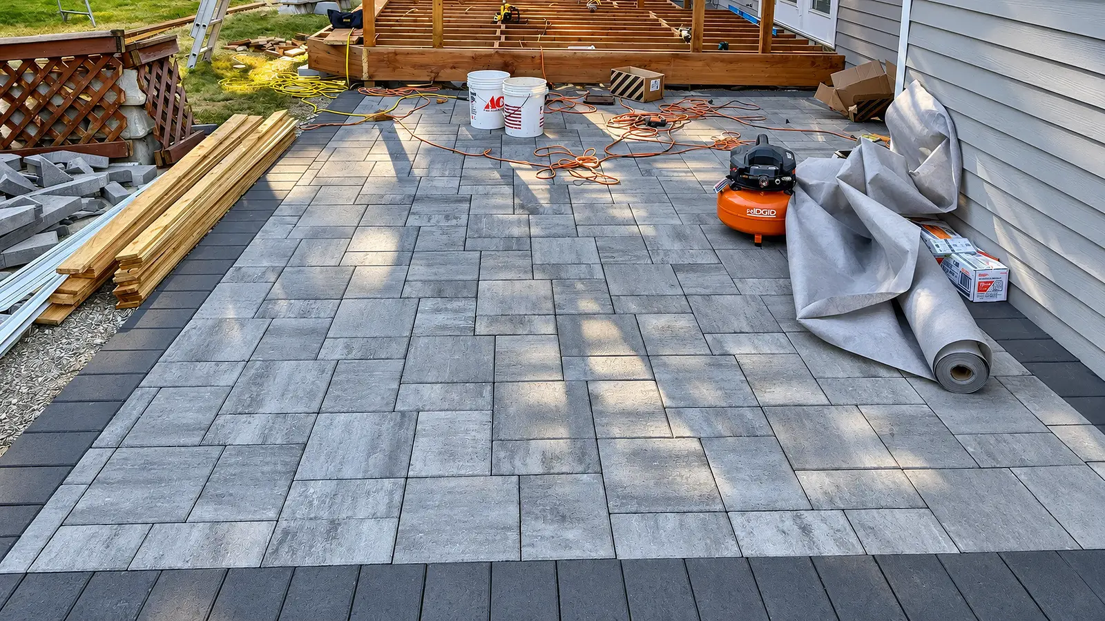 Gray concrete pavers with charcoal border during installation in Duvall, WA