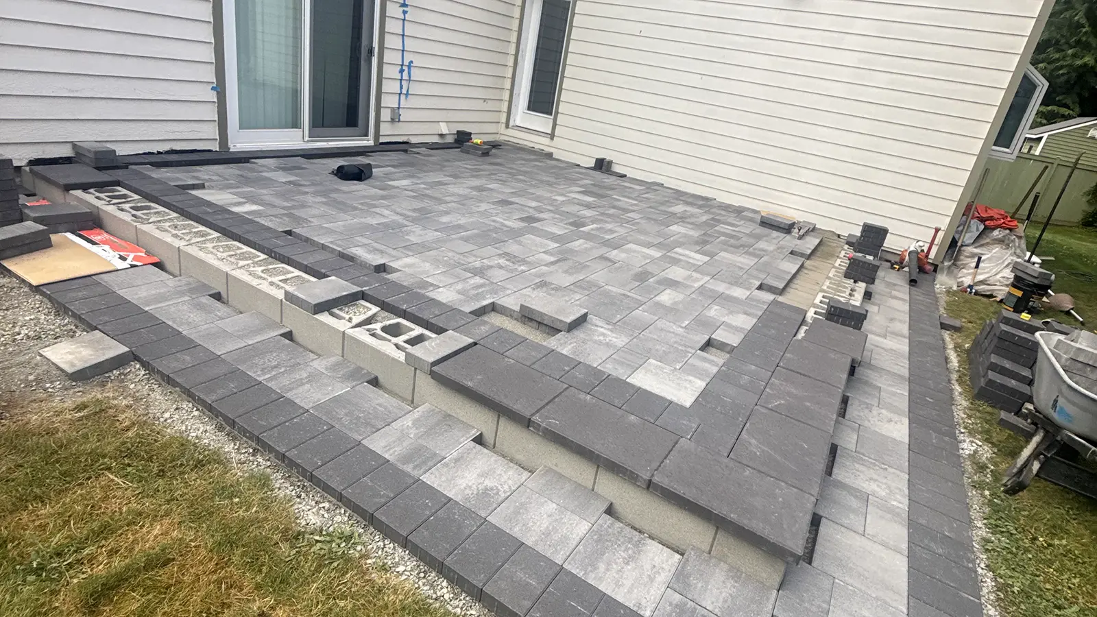 Gray pavers laid on the raised patio platform in Duvall, WA
