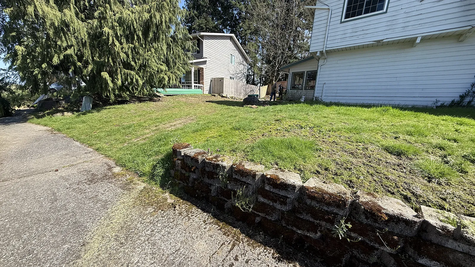 Weathered, moss-covered retaining wall blocks along the sidewalk in Federal Way, WA