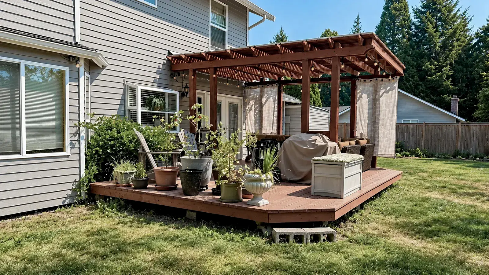 Weathered wood deck sitting on concrete blocks before replacement in Duvall, WA