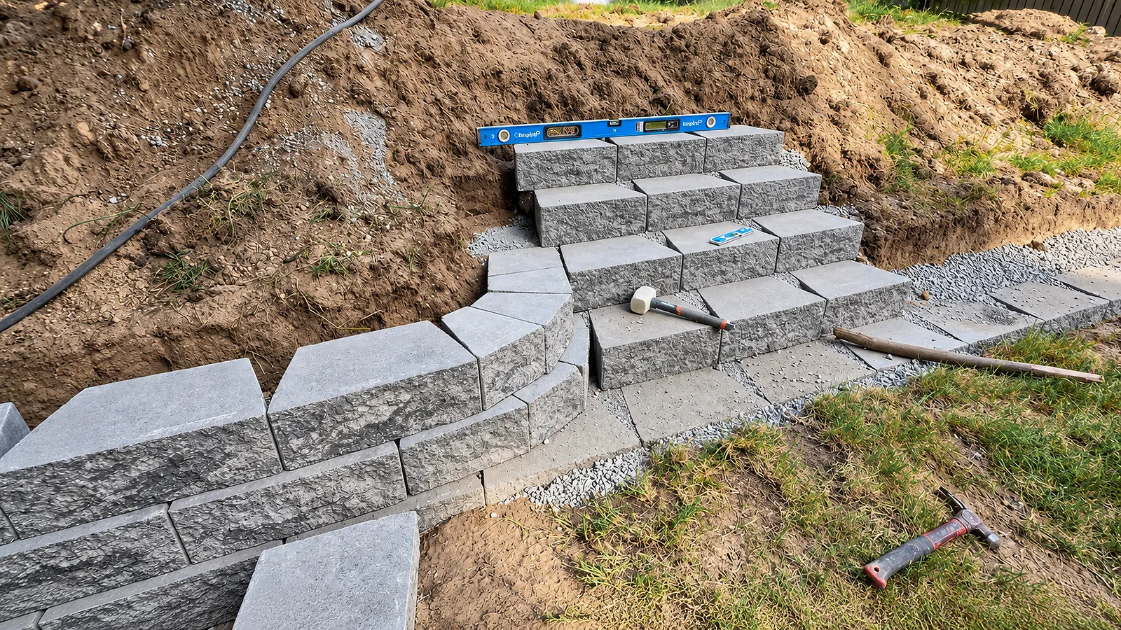Concrete block steps being built into the retaining wall in Seattle, WA